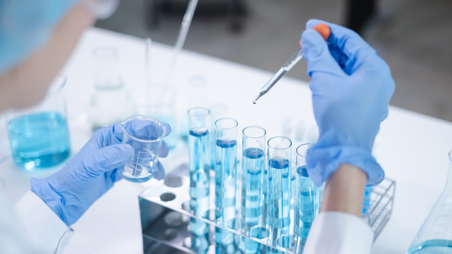 Osoba w rękawiczkach i fartuchu laboratoryjnym trzyma mały pojemnik z cieczą oraz pipetę, z której kapie płyn do próbówek wypełnionych niebieską substancją. W tle widać inne naczynia laboratoryjne.